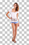 PNG of a full-length portrait of a beautiful young woman standing with her hand on her hip.