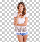 PNG studio portrait of an attractive young woman in a summer outfit.