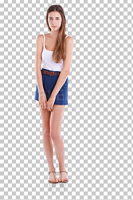 Buy stock photo Portrait of teen girl, casual fashion and isolated on transparent png background with stylish young woman. Vacation, summer style and teenager with confidence, model in holiday or weekend clothes.