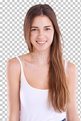 Buy stock photo Woman, portrait and smile with natural beauty and confidence isolated on a transparent, png background. Young female person, happy and youth with casual fashion and hair care with confidence