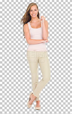 Buy stock photo Portrait, fashion and happy woman in casual outfit on isolated, transparent and png background. Young, smile and female model with confidence, contemporary and fashionable style, simple and elegant