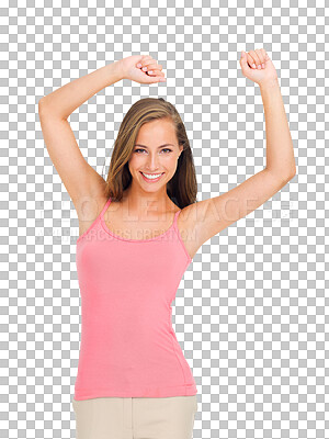 Buy stock photo Dancing, woman and portrait with happy celebration with casual fashion and smile. Dance, celebrate and isolated on a transparent, png background with female person feeling excited with freedom