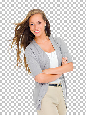 Buy stock photo Business, portrait of confident and happy woman with arms crossed isolated on transparent png background. Businesswoman, secretary or receptionist with smile, corporate fashion and office management.