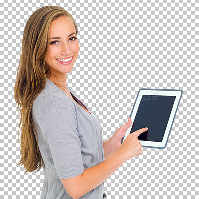 Buy stock photo Mockup, space and portrait of woman with digital tablet on isolated, transparent and png background. Screen, display and face of female person online for social media, advertising or internet search