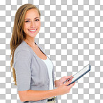 PNG Shot of an attractive young woman holding a digital tablet.