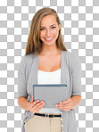 PNG of an attractive young woman holding a digital tablet.