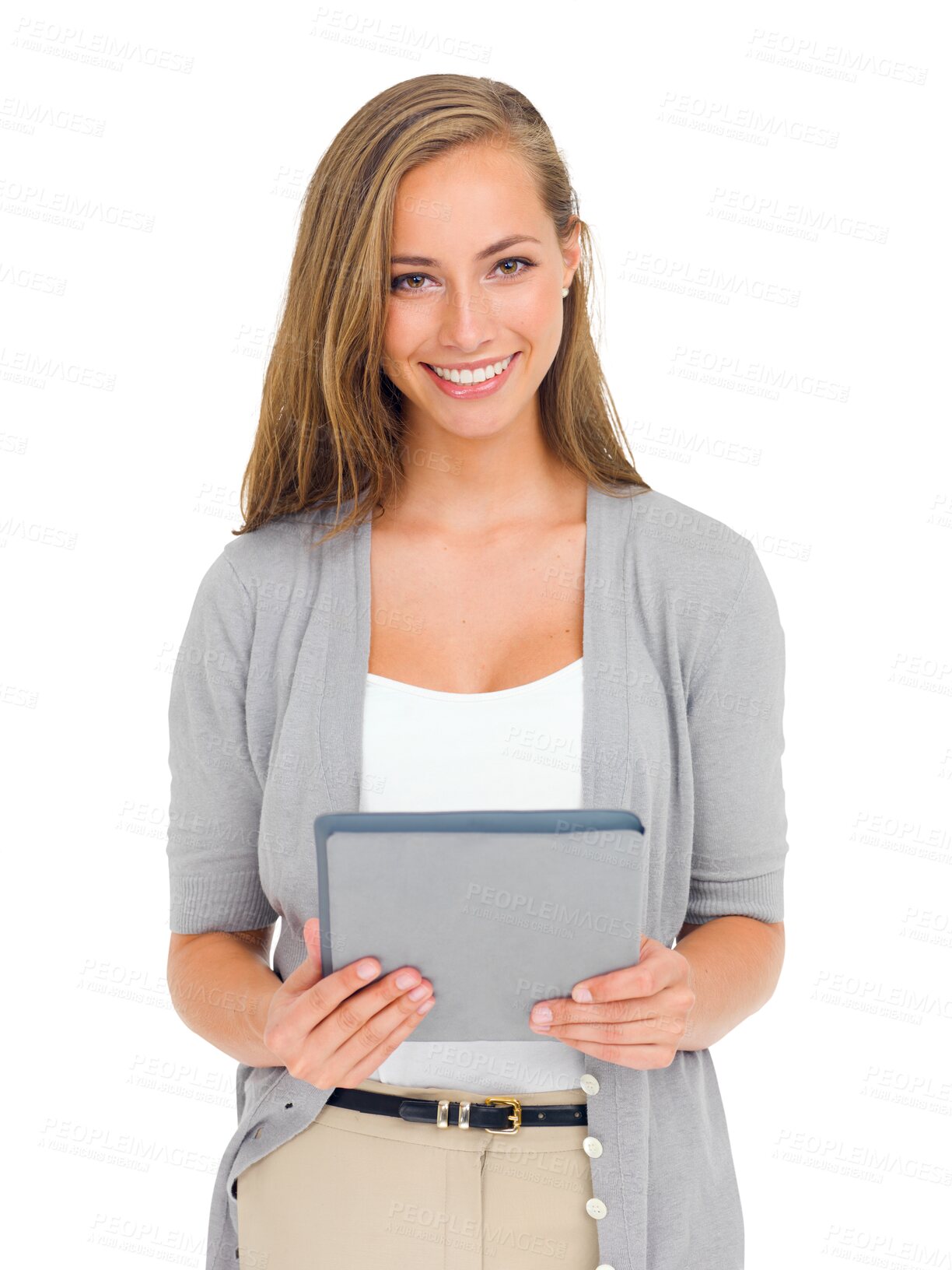 Buy stock photo Portrait, smile and woman with digital tablet for internet, search and isolated, transparent and png background. Happy, face and female person online for survey, web and app review or social media