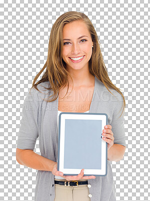 Buy stock photo Space, mockup and portrait of woman with digital tablet on isolated, transparent and png background. Screen, display and face of female person online for social media, advertising or internet search