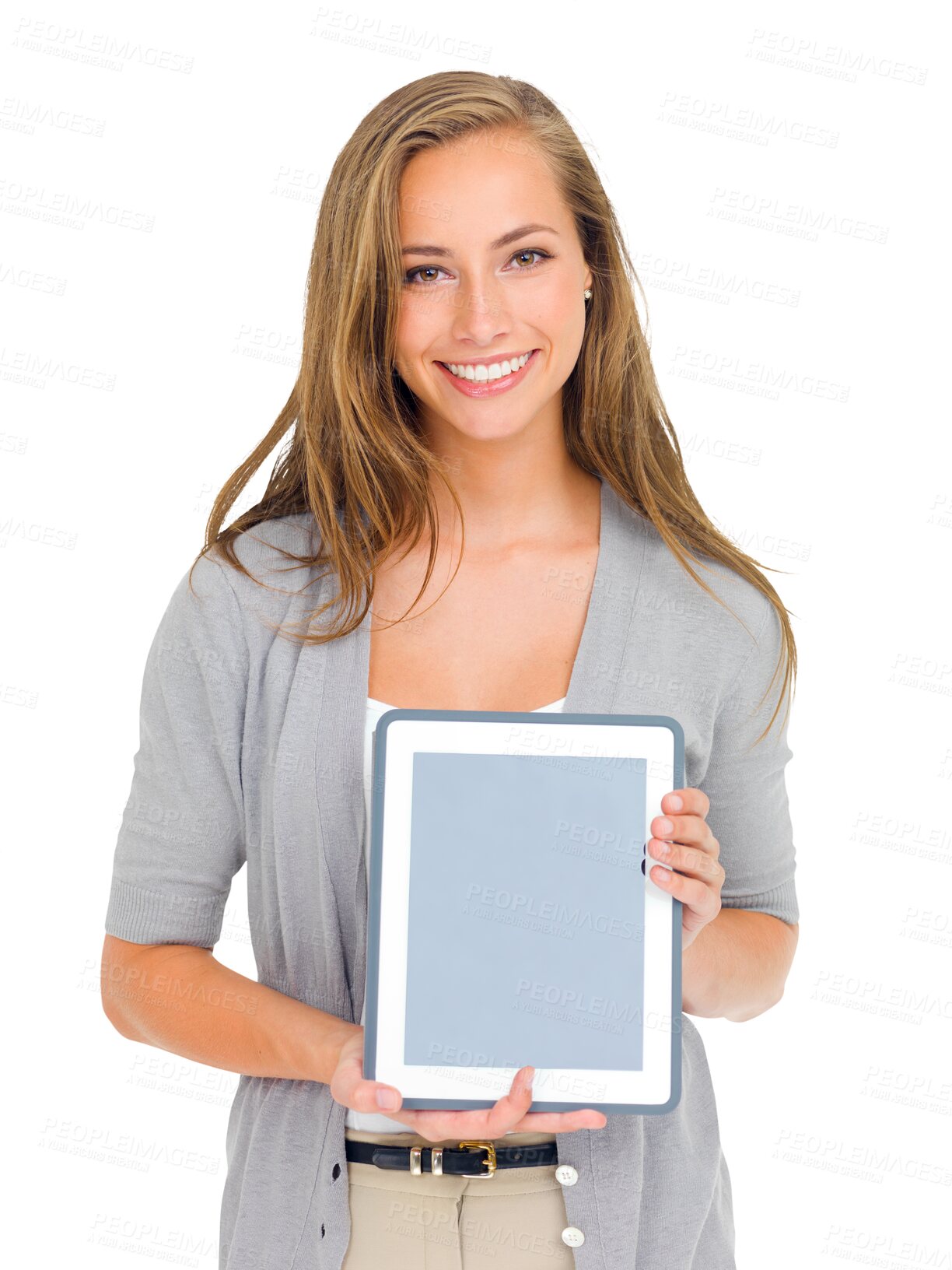 Buy stock photo Space, mockup and portrait of woman with digital tablet on isolated, transparent and png background. Screen, display and face of female person online for social media, advertising or internet search