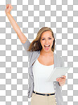 PNG of an attractive young woman looking excited while holding a digital tablet