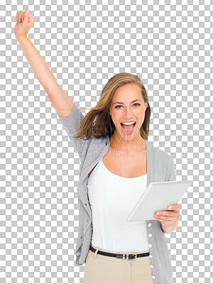 Buy stock photo Portrait, happy woman and celebration with digital tablet on isolated, transparent and png background, excited and cheering. Online, success and face of female winner celebrating good news or sale