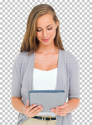 Buy stock photo Digital tablet, search and woman on social media on isolated, transparent and png background. Internet, research and female designer online for reading, news and web browsing, app or communication