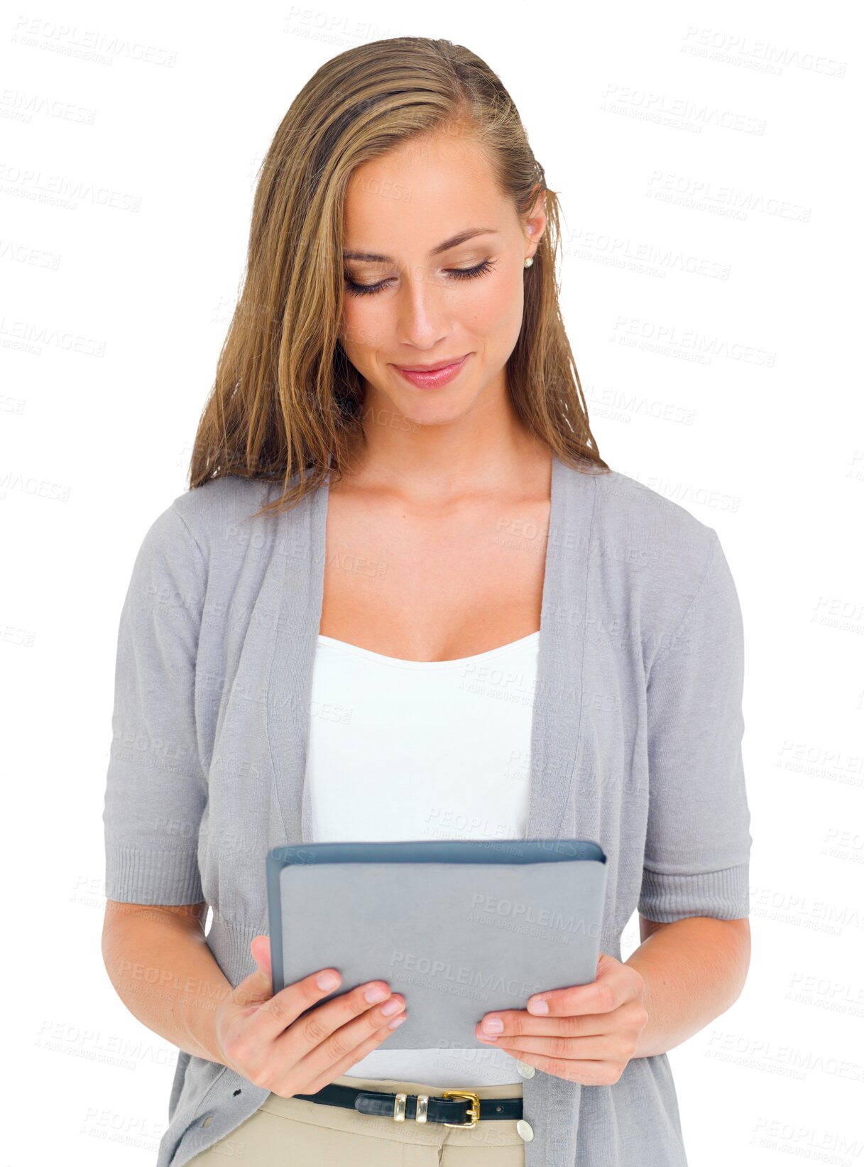 Buy stock photo Digital tablet, search and woman on social media on isolated, transparent and png background. Internet, research and female designer online for reading, news and web browsing, app or communication