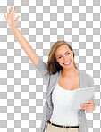 PNG of an attractive young woman holding a digital tablet 