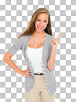 PNG Portrait of a beautiful young woman pointing to copyspace  