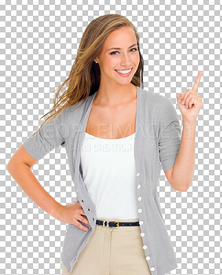 Buy stock photo Portrait, pointing up and woman with a promotion, sale and discount deal isolated against a transparent background. Face, female person or model showing, decision or opportunity with png and choice