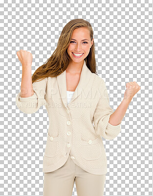 Buy stock photo Fist pump, success and portrait of happy woman with hands in celebration on isolated, transparent and png background. Smile, face and female winner celebrating achievement, good news or promotion