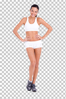 Buy stock photo Fitness, body and portrait of happy woman isolated on transparent png background, gym motivation for health or wellness. Smile, sports fashion and confident girl, growth and diet progress in exercise