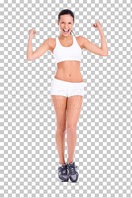 Buy stock photo Fitness, portrait and happy woman flexing arms with gym motivation isolated on transparent png background. Smile, muscle flex and confident girl with progress in power exercise, health and wellness.