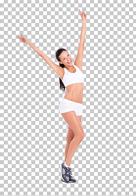 Buy stock photo Fitness, winning and portrait of excited woman isolated on transparent png background, gym motivation for health or wellness. Smile, sports and winner girl with exercise progress, achievement or win.