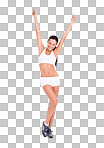 PNG Full length studio shot of a fit young woman in exercise clothing raising her arms in celebration 