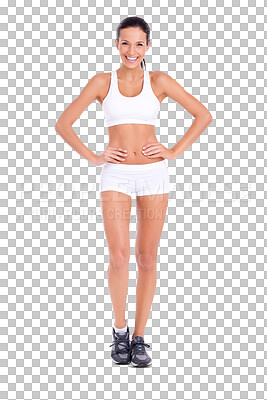 Buy stock photo Fitness, smile and body portrait of woman isolated on transparent png background, motivation for health or wellness. Sports fashion, happy and confident girl with growth, diet progress and exercise.