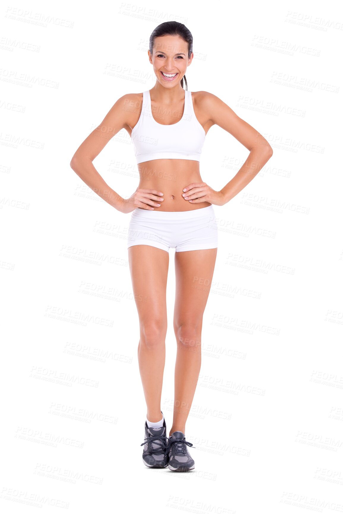 Buy stock photo Fitness, smile and body portrait of woman isolated on transparent png background, motivation for health or wellness. Sports fashion, happy and confident girl with growth, diet progress and exercise.