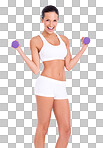 PNG Studio shot of an attractive young woman lifting dumbbells.