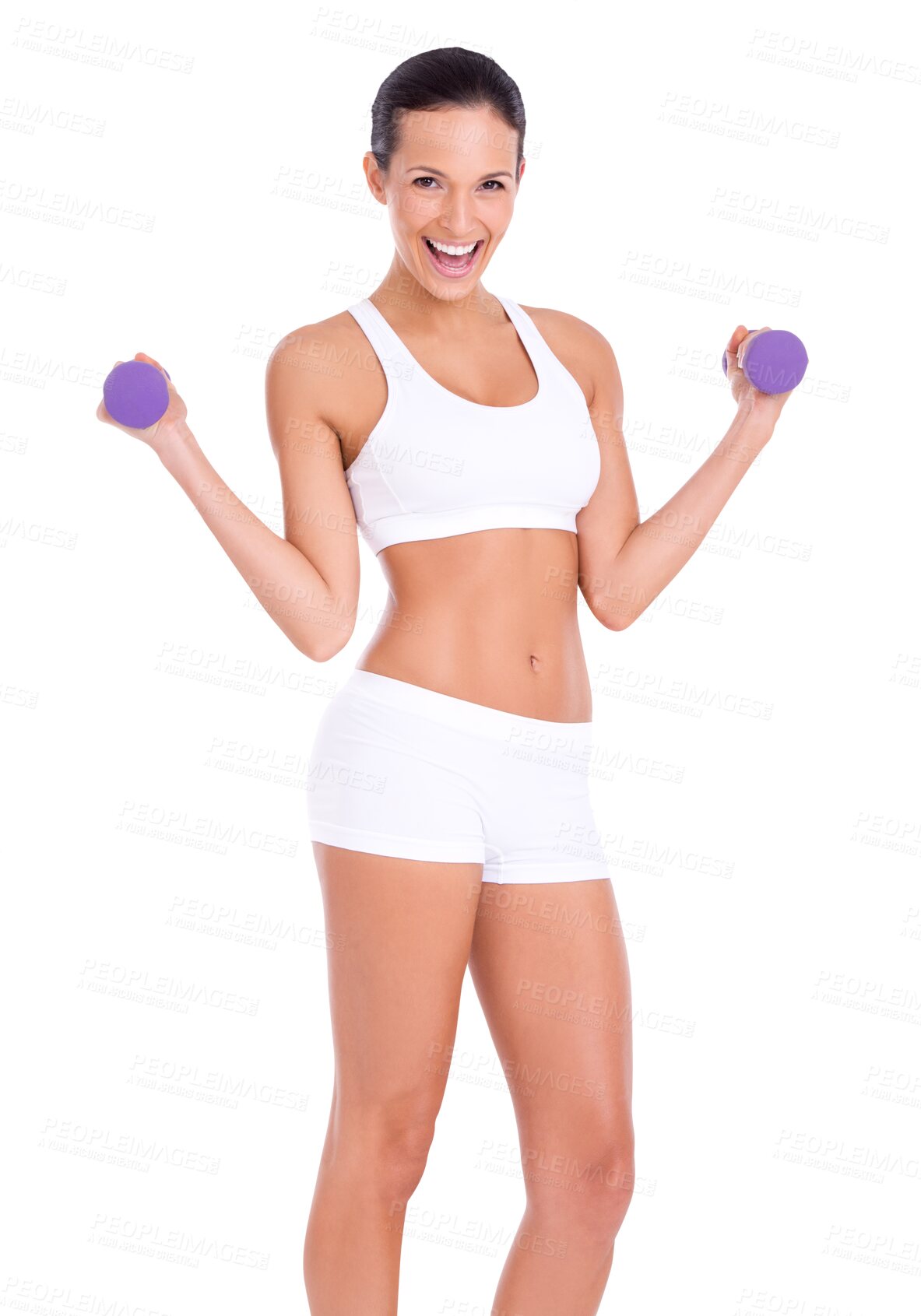 Buy stock photo Fitness, dumbbells and portrait of excited woman isolated on transparent png background, gym motivation and body health. Smile, sports and girl with muscle, training progress and exercise workout.