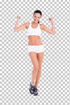 Buy stock photo Fitness, smile and portrait of woman flexing arms, gym motivation isolated on transparent png background. Power, body muscle flex and confident girl with progress, happy exercise health and wellness.