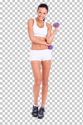 Buy stock photo Gym, dumbbells and portrait of happy woman isolated on transparent png background with motivation and health. Sports, fitness and smile, girl with muscle training, workout progress and body exercise.