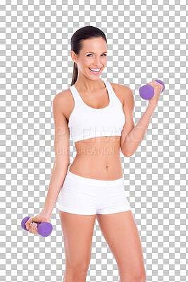 Buy stock photo Gym, dumbbells and portrait of woman with smile isolated on transparent png background with motivation and health. Sports, happy and confident girl with muscle, training progress and exercise workout