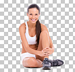 PNG Studio portrait of an attractive woman in exercise clothing sitting on the floor 