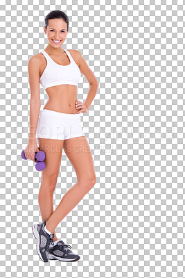 Buy stock photo Body, dumbbell and portrait of happy woman with smile isolated on transparent png background with motivation and health. Sports, weights and girl with muscle, training progress and exercise workout.