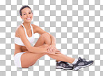 PNG Studio portrait of an attractive woman in exercise clothing sitting on the floor 