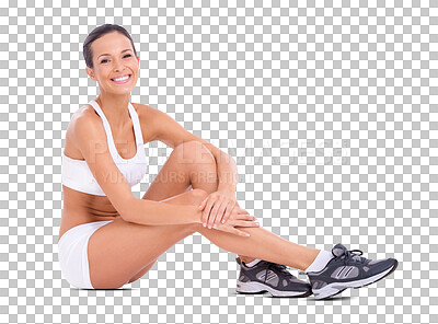 Buy stock photo Portrait, runner and woman in underwear relax on a floor before training on isolated, transparent and png background. Face, smile and happy female smile for fitness workout, run or cardio sports 