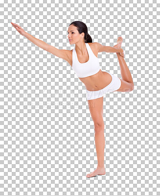 Buy stock photo Fitness, stretching and pilates for woman training on isolated, transparent and png background. Yoga, balance and female stretch, flexible and leg pose for exercise, wellness and body care workout