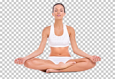 Buy stock photo Meditation, exercise and woman on floor in lotus pose on isolated, transparent and png background. Breathing, meditate and lady person relax with holistic, fitness or energy training, zen or wellness