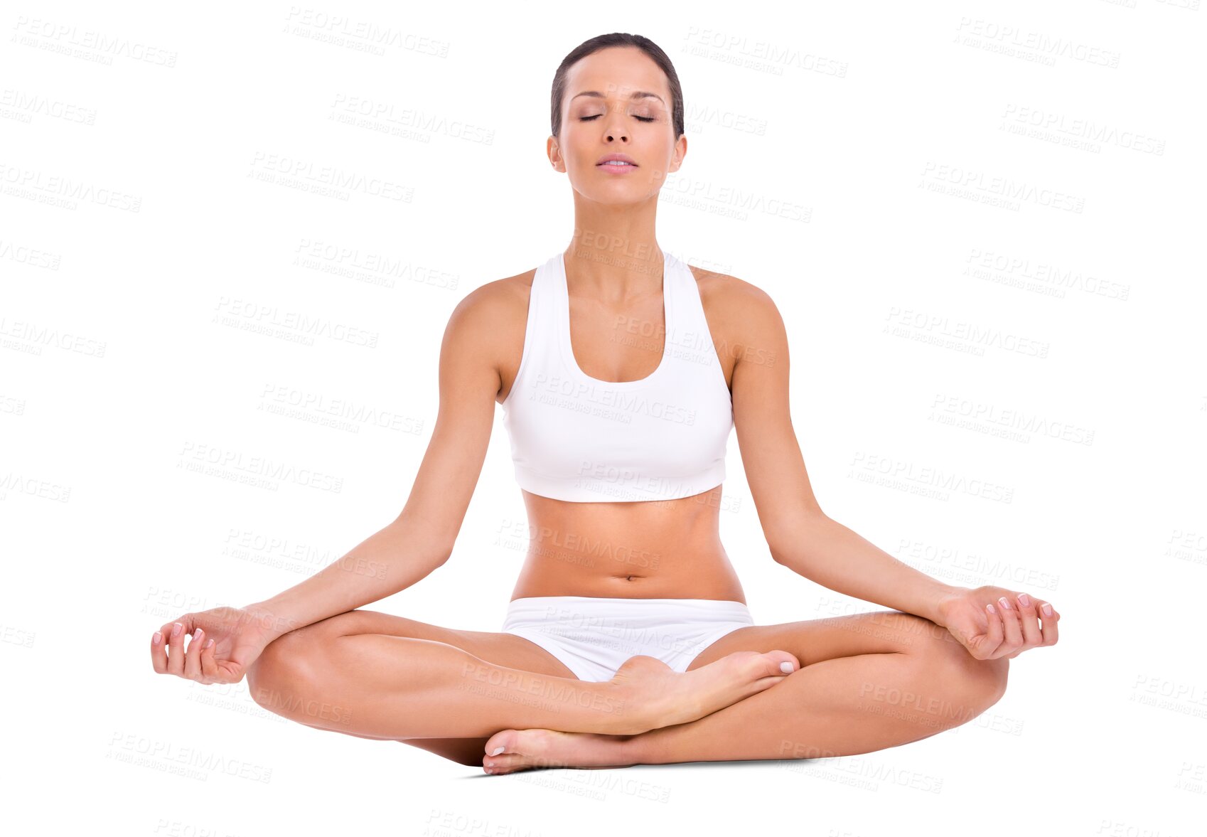 Buy stock photo Meditation, exercise and woman on floor in lotus pose on isolated, transparent and png background. Breathing, meditate and lady person relax with holistic, fitness or energy training, zen or wellness