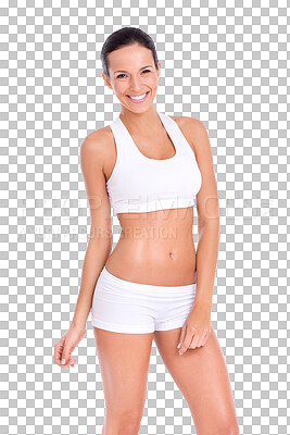 Buy stock photo Sports, body and portrait of happy woman isolated on transparent png background, gym motivation for health and wellness. Smile, fitness and confident girl with weight loss, diet progress and exercise