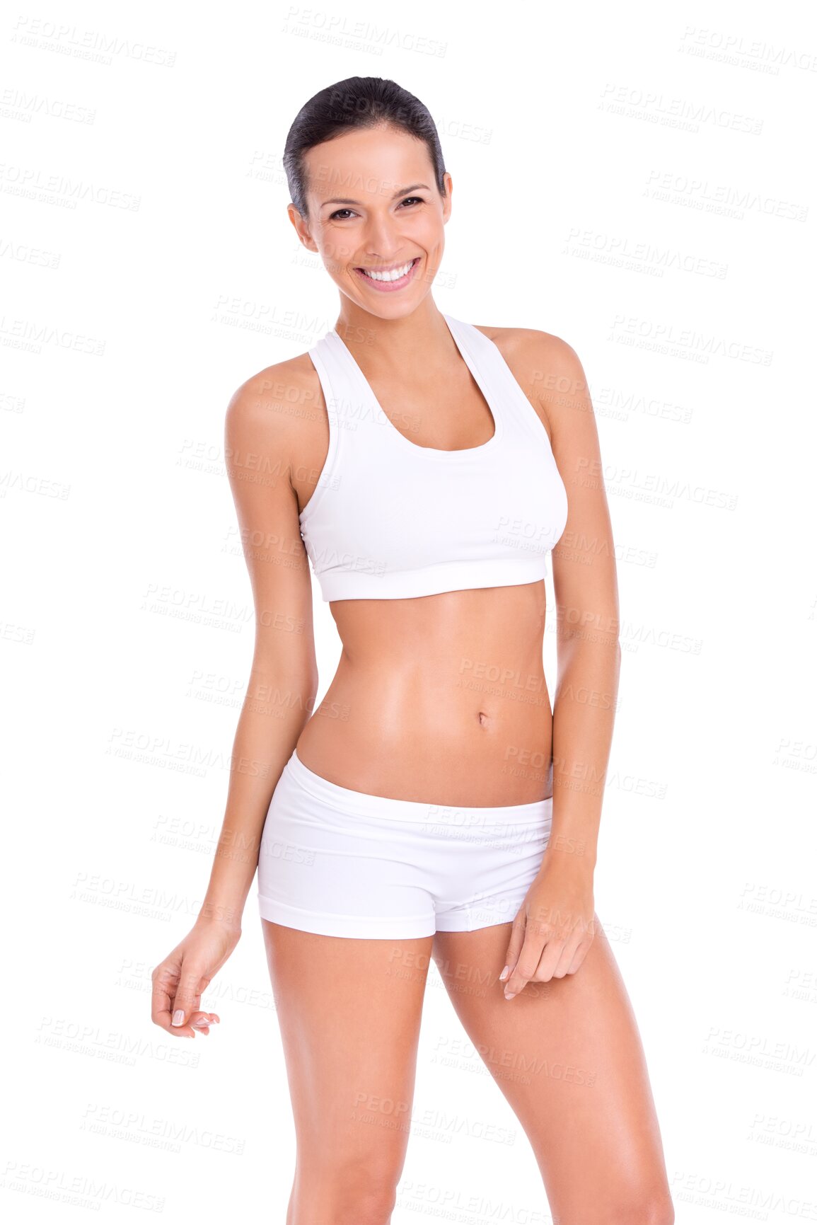 Buy stock photo Sports, body and portrait of happy woman isolated on transparent png background, gym motivation for health and wellness. Smile, fitness and confident girl with weight loss, diet progress and exercise