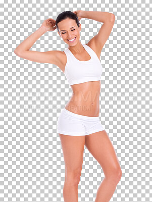 Buy stock photo Fitness body, smile and confidence, woman with health and wellness isolated on transparent png background. Sports, happy and confident girl at gym, weight loss and motivation for muscle care exercise