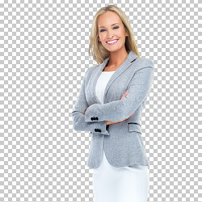 Buy stock photo Business, portrait and happy woman with arms crossed on isolated, transparent and png background. Face, smile and confident female ceo smiling, proud and posing in power, leader and professional