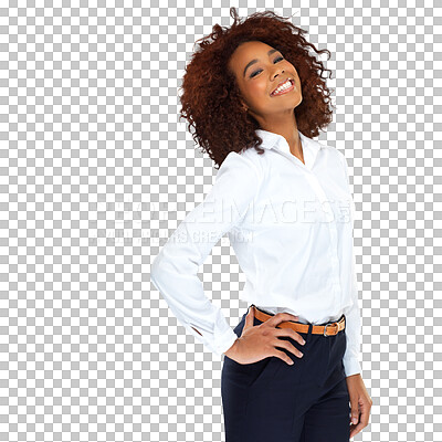 Buy stock photo Portrait, smile and black woman with confidence, professional and funny isolated against a transparent background. Face, female person and entrepreneur with png, career and happiness with success