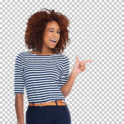 Buy stock photo Wink, finger gun and portrait of happy woman point at advertising space, discount announcement or sales deal. Hand gesture, promotion and flirting person isolated on a transparent, png background