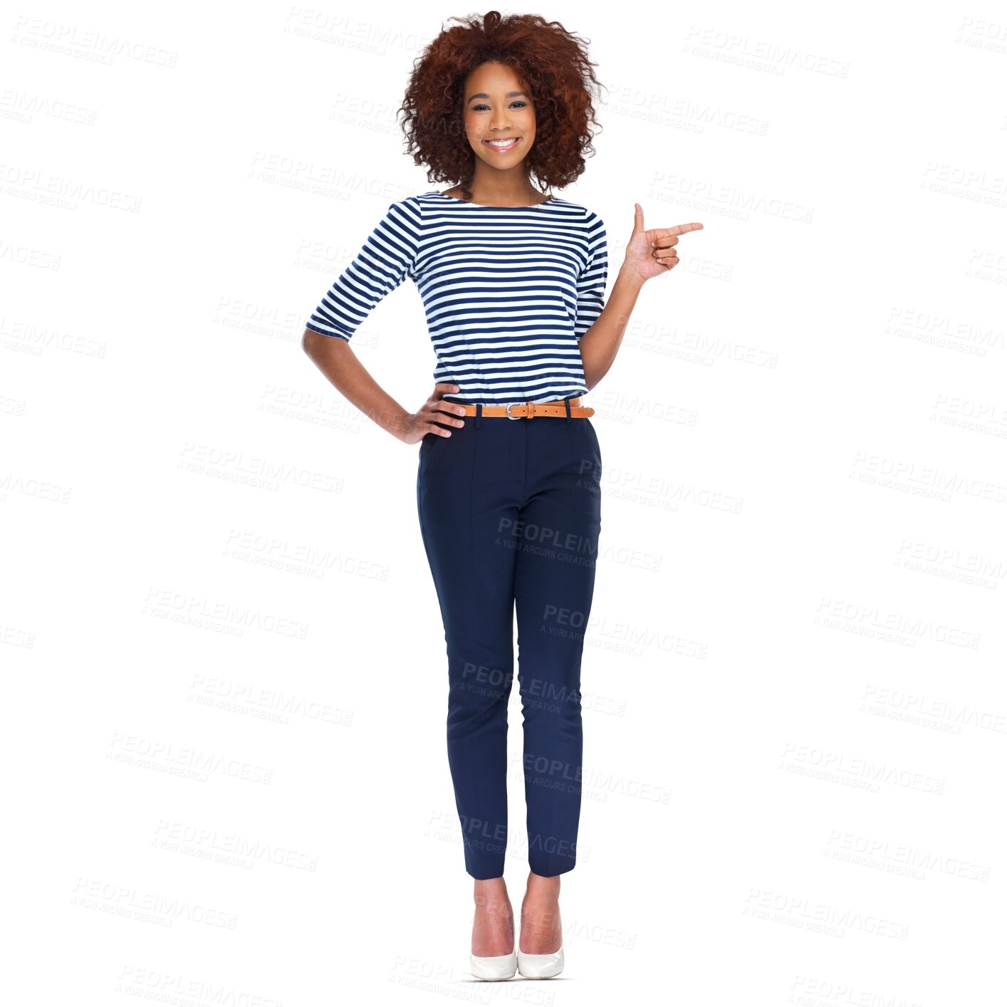 Buy stock photo Portrait, pointing and black woman with a smile, direction and promotion isolated against a transparent background. Face, female person and marketing with discount deal and png with advertising