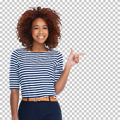 Buy stock photo Pointing, finger gun and portrait of happy woman gesture at advertising space, discount notification or sales deal information. Offer, promotion and person isolated on a transparent, png background