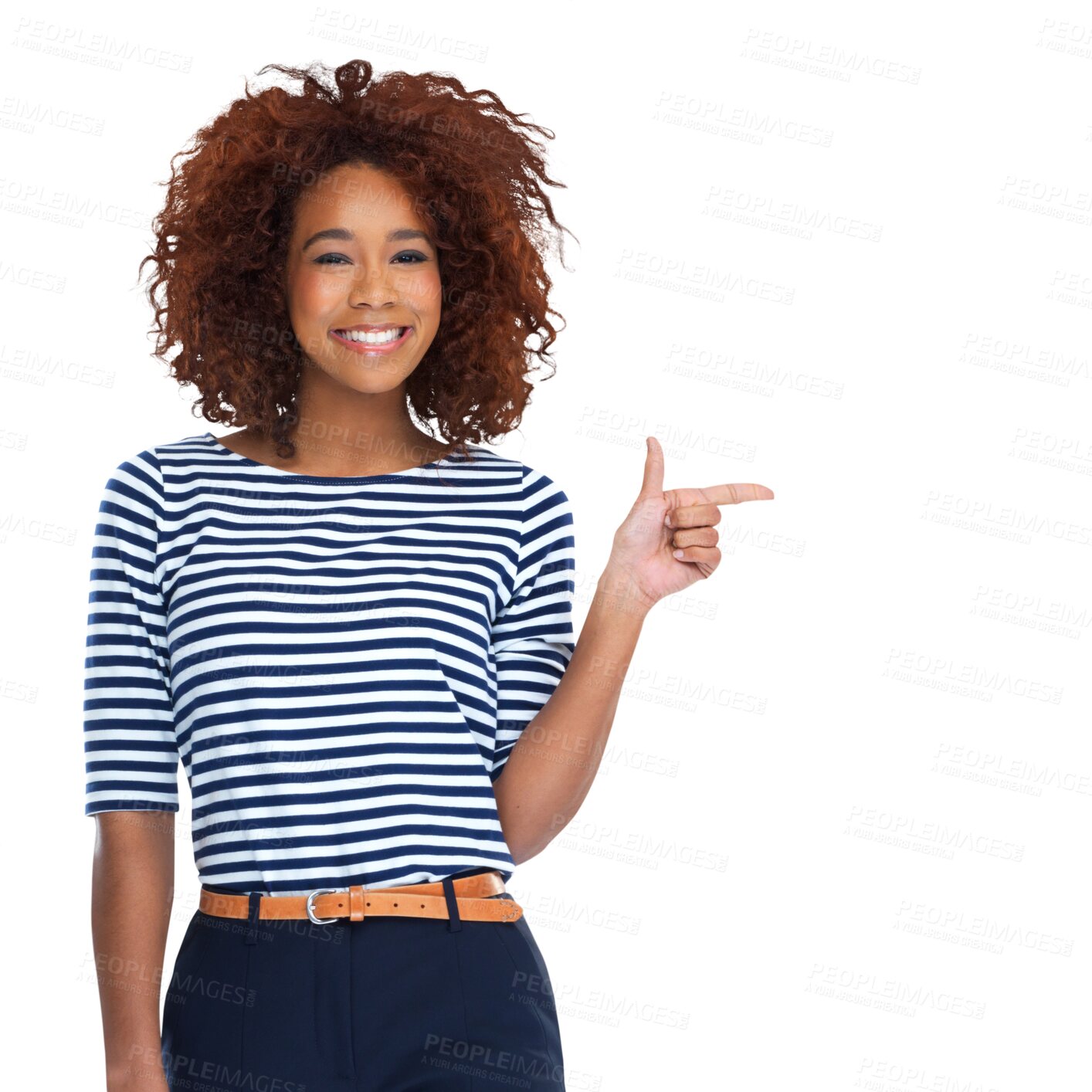 Buy stock photo Pointing, finger gun and portrait of happy woman gesture at advertising space, discount notification or sales deal information. Offer, promotion and person isolated on a transparent, png background