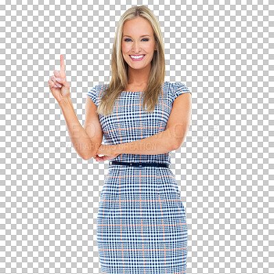 Buy stock photo Business smile, pointing up or portrait of happy woman with commercial offer, choice info or promo advertisement. Opportunity, direction or professional person isolated on transparent, png background