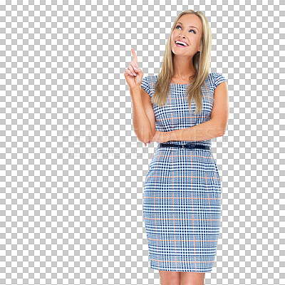 Buy stock photo Business advertising, pointing up or happy woman looking at copy space direction, discount sale info or promotion deal. Brand logo, choice or commercial person isolated on transparent, png background